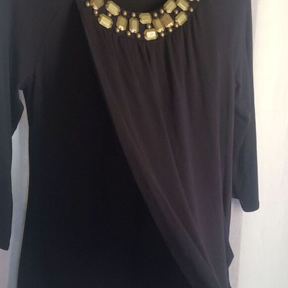 Nicole Miller Shirt Top Size M Black 3/4 Sleeve Layered Front Gold Embellishment - Picture 10 of 13